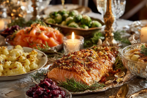 Menu de Noël cétogène, avec du saumon, des légumes kéto et une belle décoration