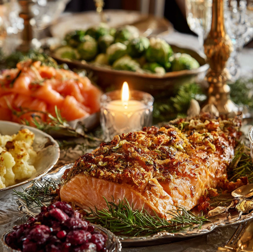 Menu de Noël cétogène, avec du saumon, des légumes kéto et une belle décoration