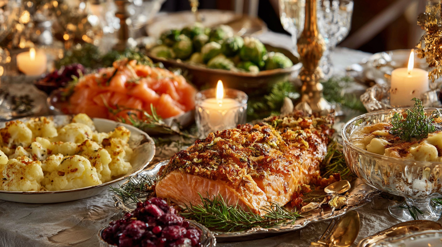 Menu de Noël cétogène, avec du saumon, des légumes kéto et une belle décoration