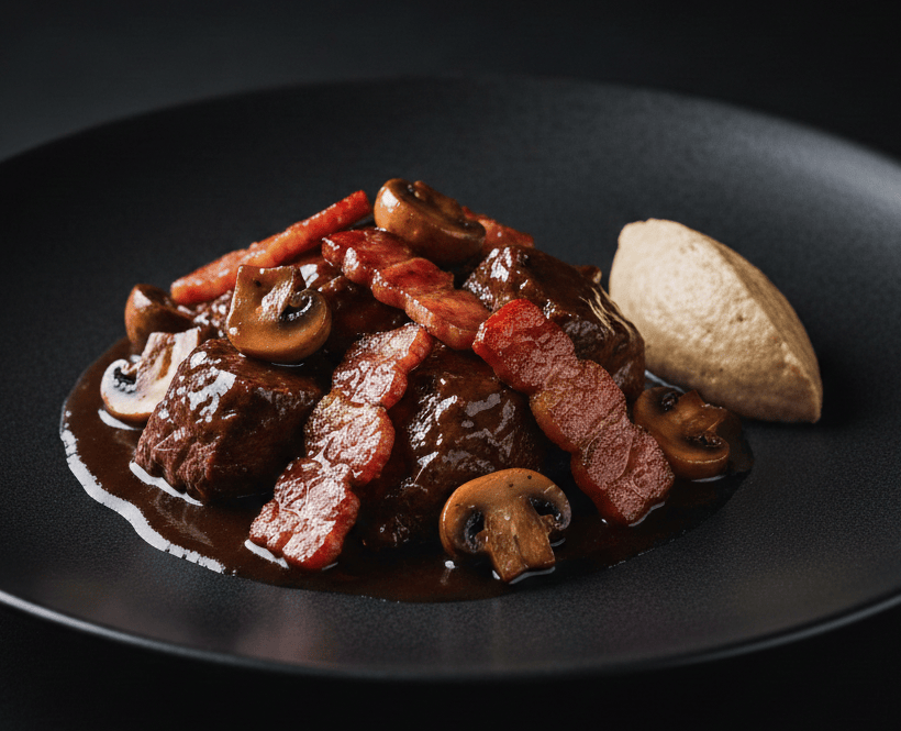 Boeuf bourguignon version cétogène, en présentation gastronomique