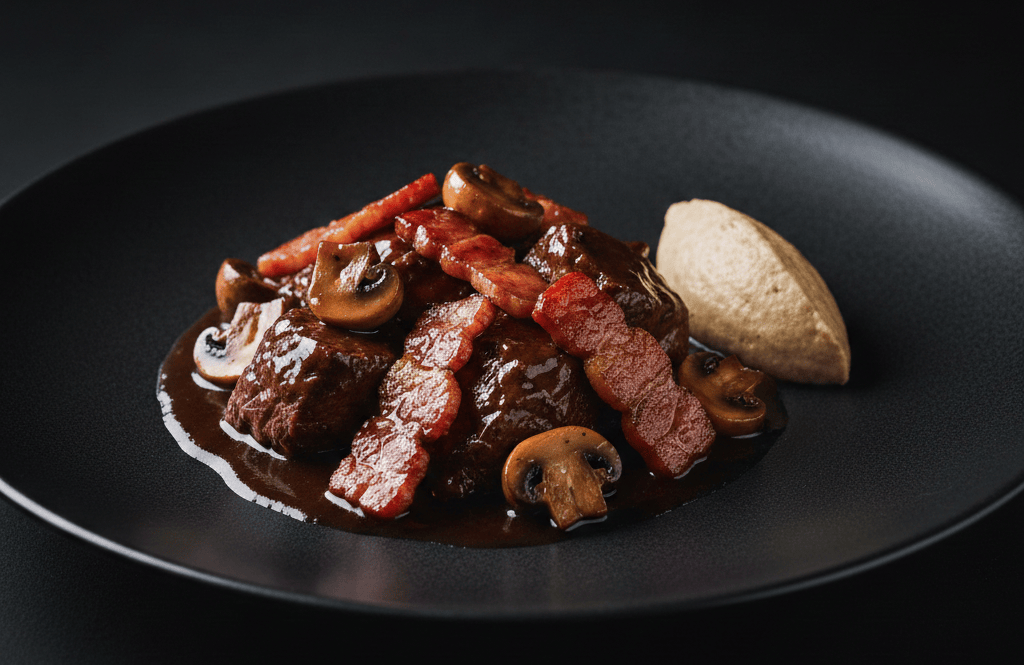 Boeuf bourguignon version cétogène, en présentation gastronomique