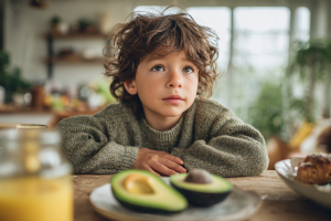 Enfant devant un avocat, dubitatif, il n'est pas très attiré par une option cétogène
