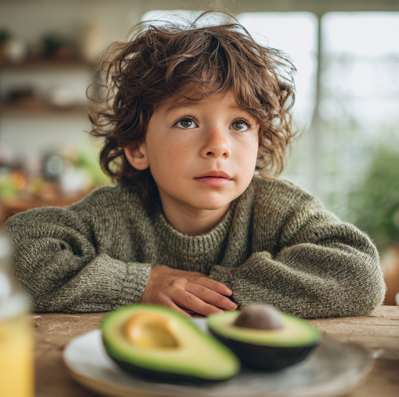 Enfant devant un avocat, dubitatif, il n'est pas très attiré par une option cétogène