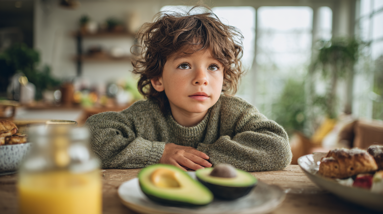 Enfant devant un avocat, dubitatif, il n'est pas très attiré par une option cétogène