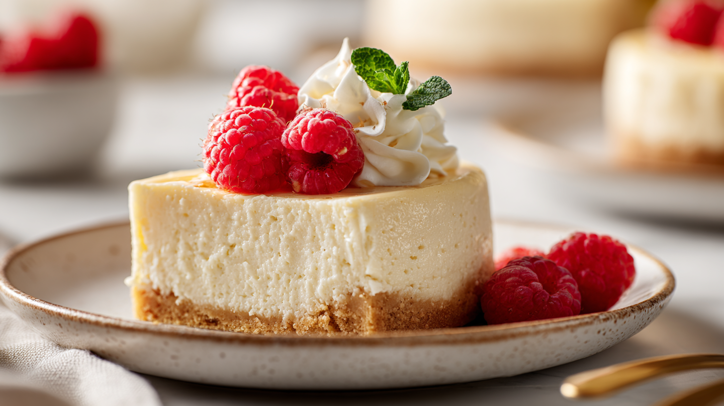 Keto cheesecake, dessert cetogène à base de fromage frais sur une base de croute de cacahuétes avec des framboises et une crème chantilly sans sucre