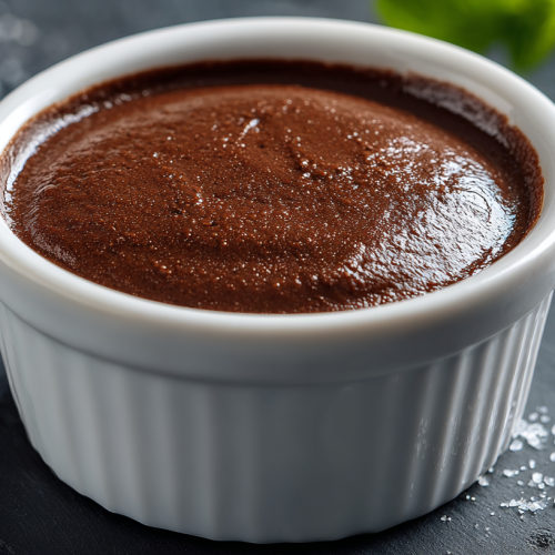 Mousse au chocolat kéto dans un ramequin blanc, sans sucre, idéal pour un régime cétogène