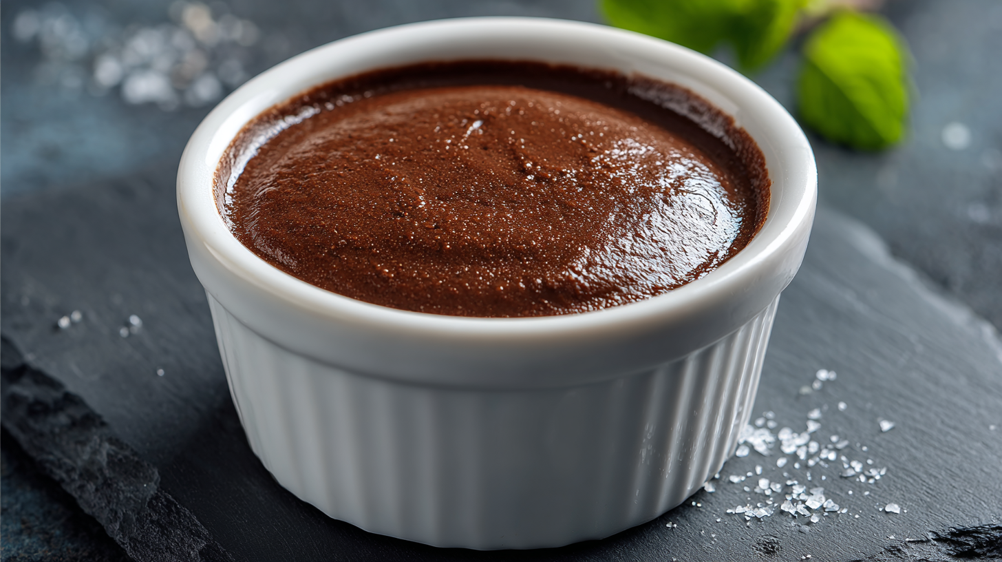 Mousse au chocolat kéto dans un ramequin blanc, sans sucre, idéal pour un régime cétogène