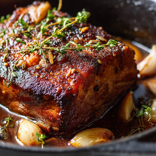 Rôti de porc en cocotte, avec des gousses d'ail et des herbes fraîches, idéal pour un régime kéto