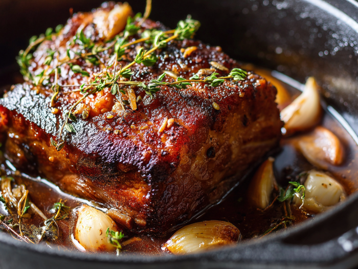 Rôti de porc en cocotte, avec des gousses d'ail et des herbes fraîches, idéal pour un régime kéto