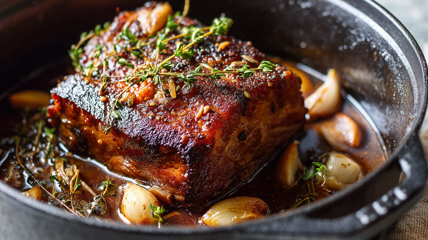 Rôti de porc en cocotte, avec des gousses d'ail et des herbes fraîches, idéal pour un régime kéto