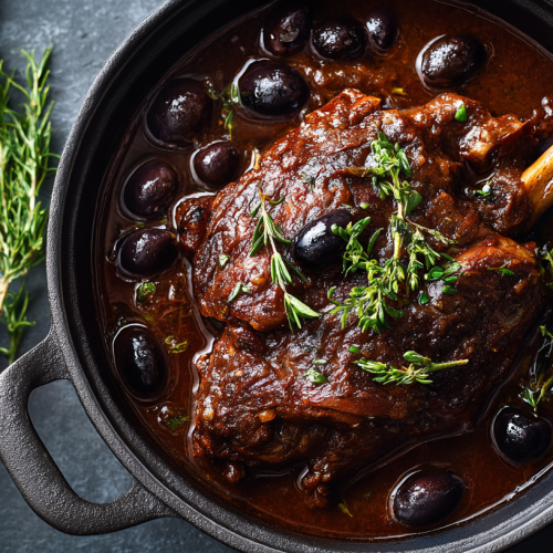 Souris d'agneau en cocotte, avec des olives noires, versions compatible avec le régime cétogène