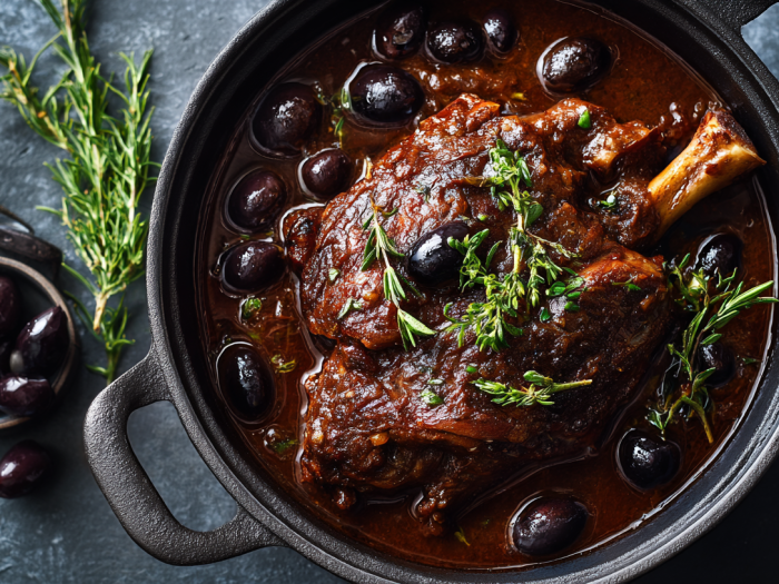 Souris d'agneau en cocotte, avec des olives noires, versions compatible avec le régime cétogène