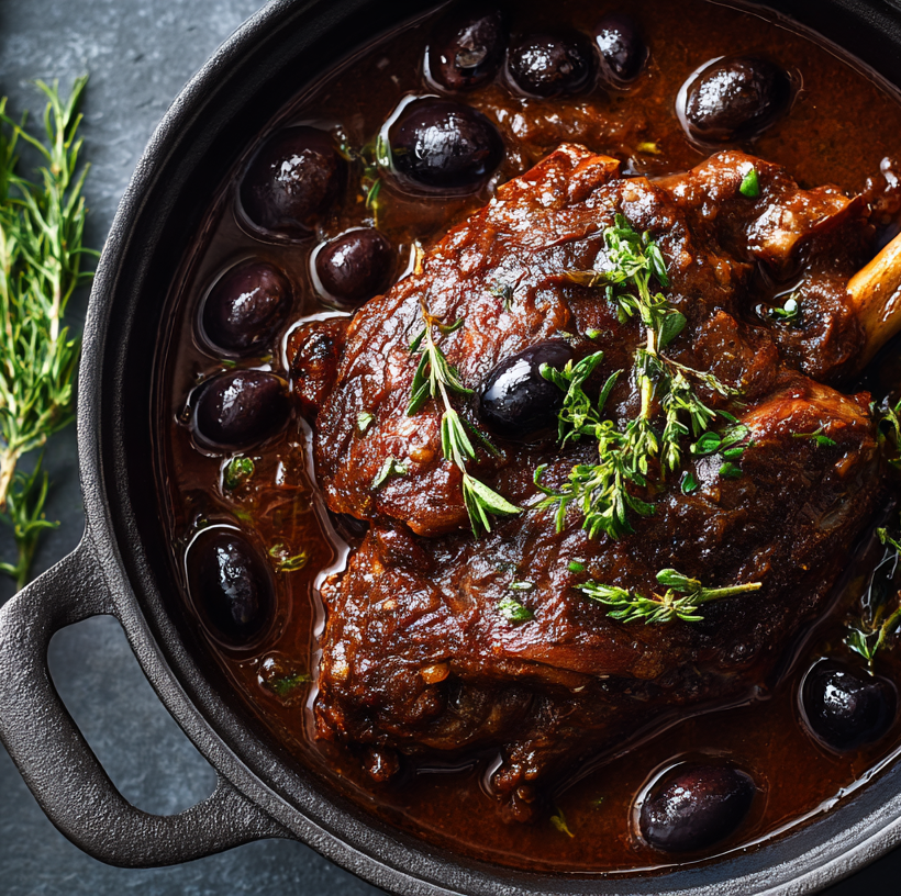 Souris d'agneau en cocotte, avec des olives noires, versions compatible avec le régime cétogène