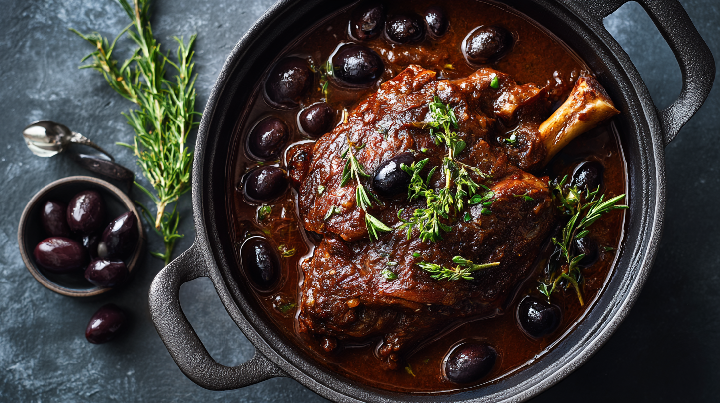 Souris d'agneau en cocotte, avec des olives noires, versions compatible avec le régime cétogène
