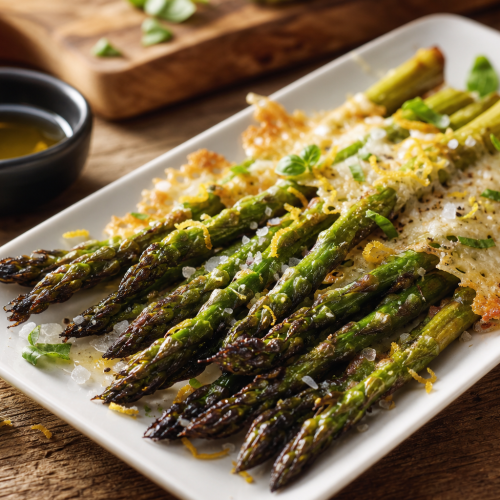 Assiette d'asperges vertes rôties au four, dorées et croustillantes, avec du parmesan fondu et de l'huile d'olive.