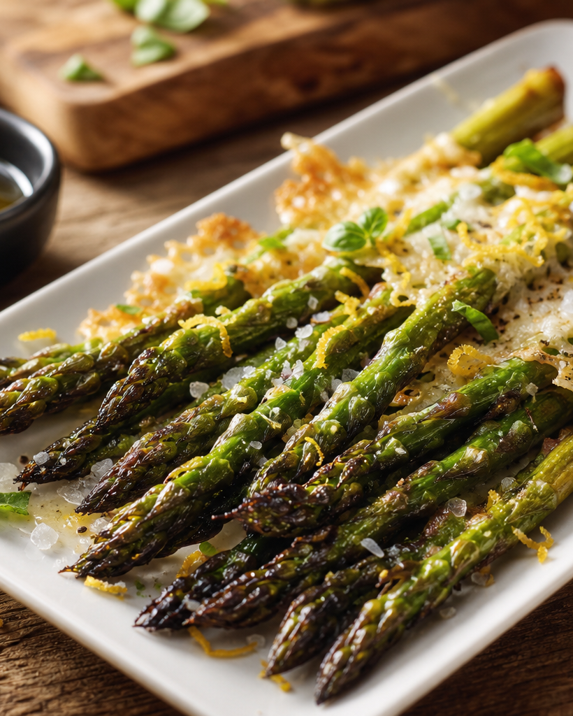 Assiette d'asperges vertes rôties au four, dorées et croustillantes, avec du parmesan fondu et de l'huile d'olive.
