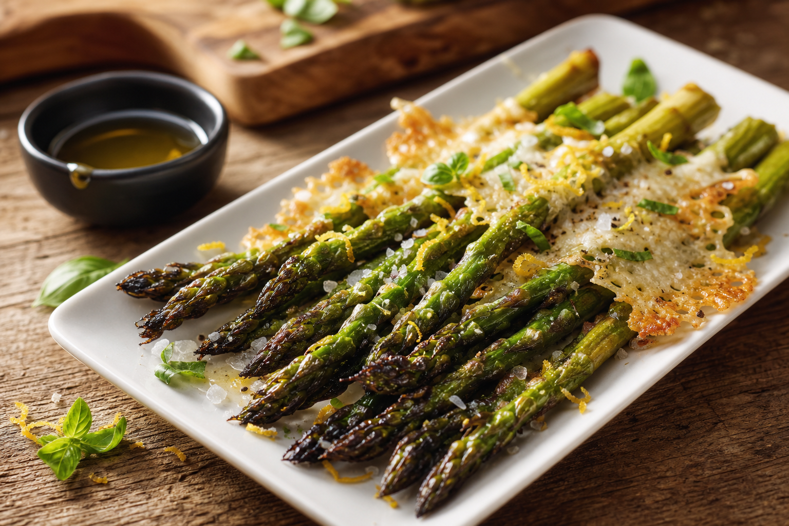 Assiette d'asperges vertes rôties au four, dorées et croustillantes, avec du parmesan fondu et de l'huile d'olive.