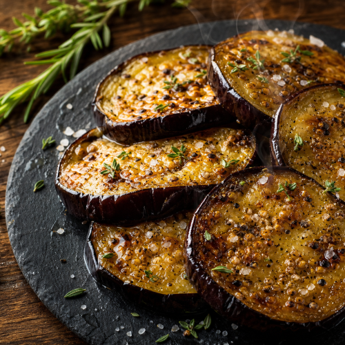 Rondelles d'aubergines rôties au four, dorées et caramélisées, servies sur une ardoise avec huile d'olive et sel