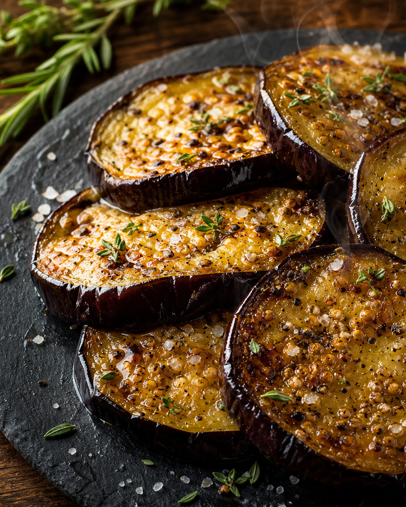 Rondelles d'aubergines rôties au four, dorées et caramélisées, servies sur une ardoise avec huile d'olive et sel
