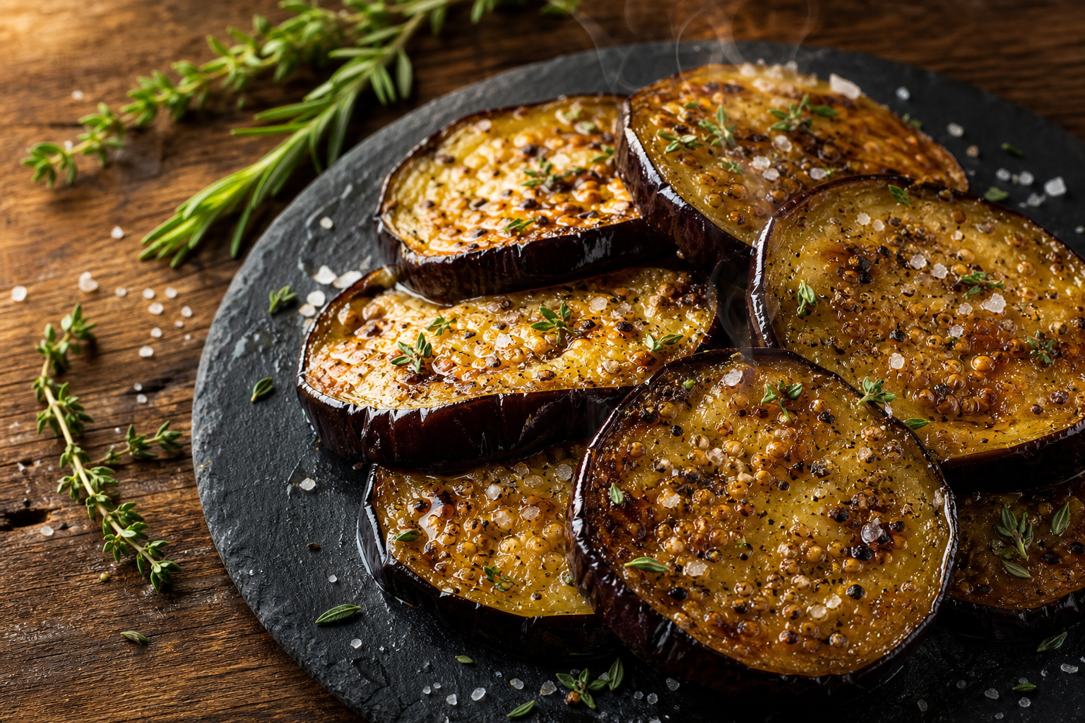 Rondelles d'aubergines rôties au four, dorées et caramélisées, servies sur une ardoise avec huile d'olive et sel
