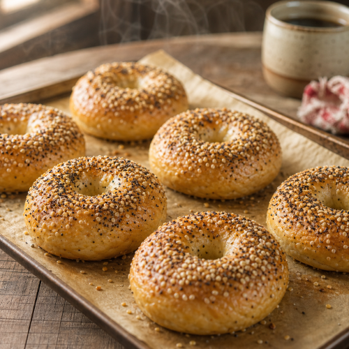 Six bagels keto dorés sur une plaque de cuisson, garnis de graines de sésame et de mélange everything bagel, prêts à être