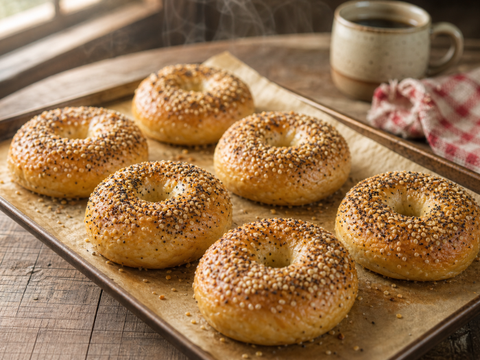 Six bagels keto dorés sur une plaque de cuisson, garnis de graines de sésame et de mélange everything bagel, prêts à être