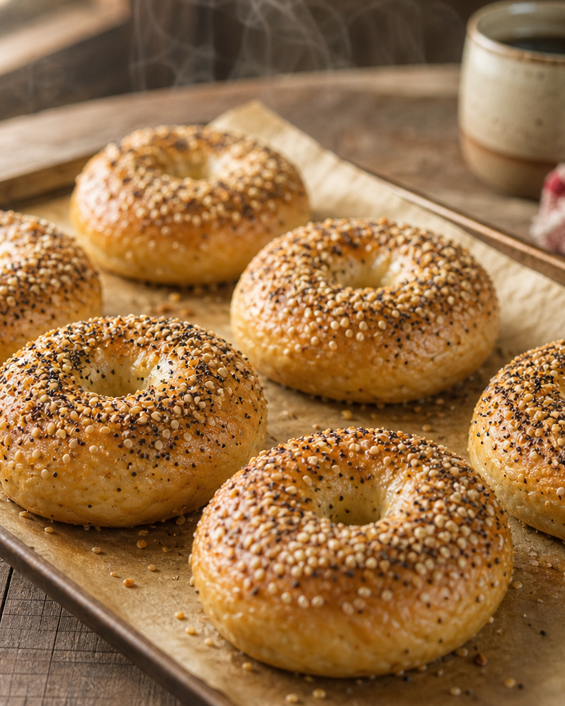 Six bagels keto dorés sur une plaque de cuisson, garnis de graines de sésame et de mélange everything bagel, prêts à être