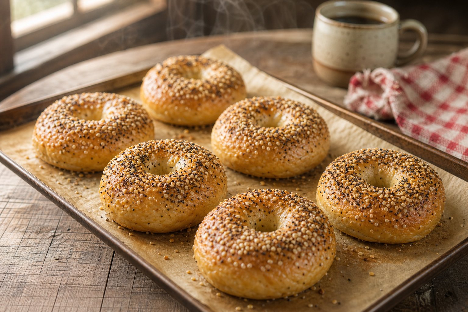 Six bagels keto dorés sur une plaque de cuisson, garnis de graines de sésame et de mélange everything bagel, prêts à être