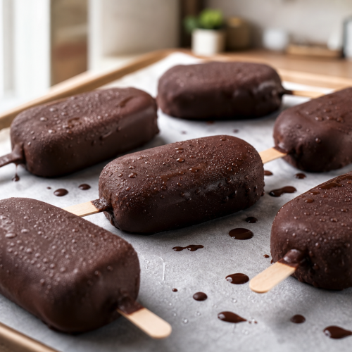 Barres glacées cétogènes au lait d'amande et crème, enrobées de chocolat noir sans sucre, posées sur du papier sulfurisé.