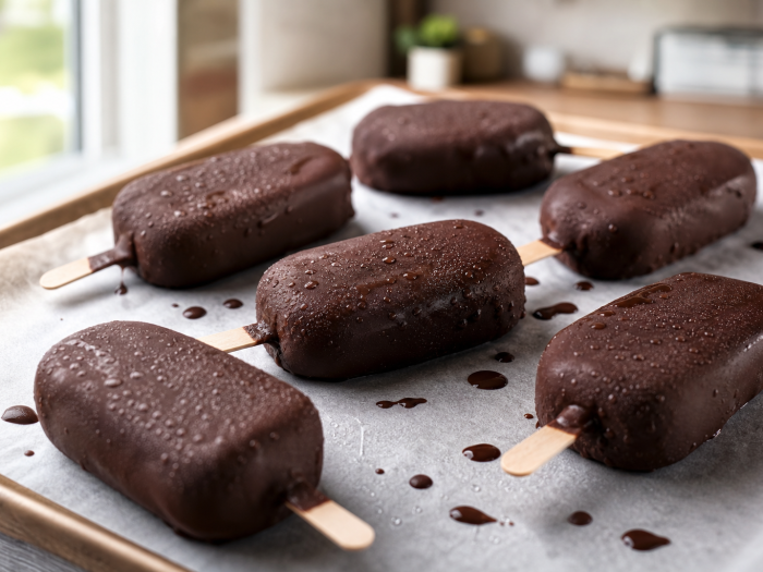 Barres glacées cétogènes au lait d'amande et crème, enrobées de chocolat noir sans sucre, posées sur du papier sulfurisé.