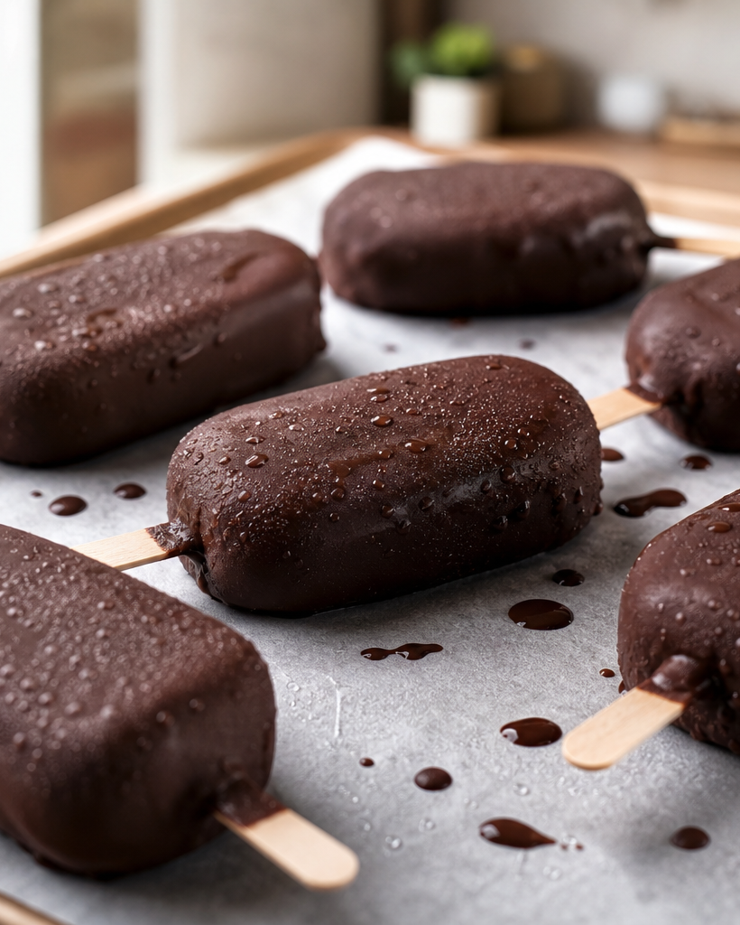 Barres glacées cétogènes au lait d'amande et crème, enrobées de chocolat noir sans sucre, posées sur du papier sulfurisé.