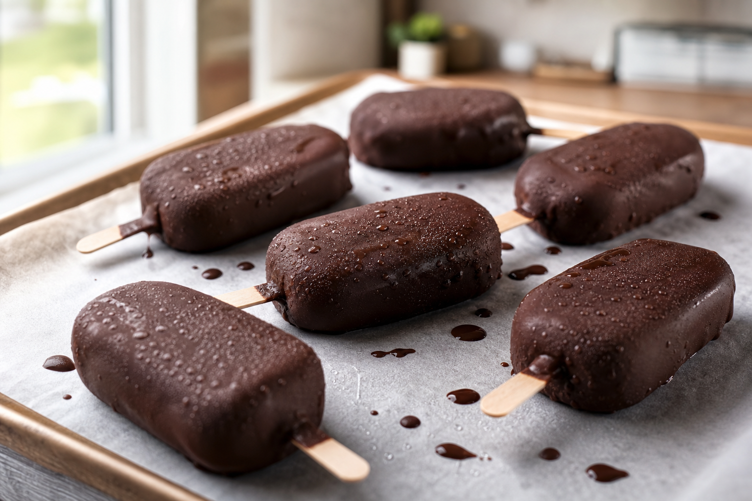 Barres glacées cétogènes au lait d'amande et crème, enrobées de chocolat noir sans sucre, posées sur du papier sulfurisé.