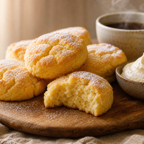 Gros plan de biscuits keto au fromage frais, moelleux et dorés, sur une plaque de cuisson avec une tasse de café
