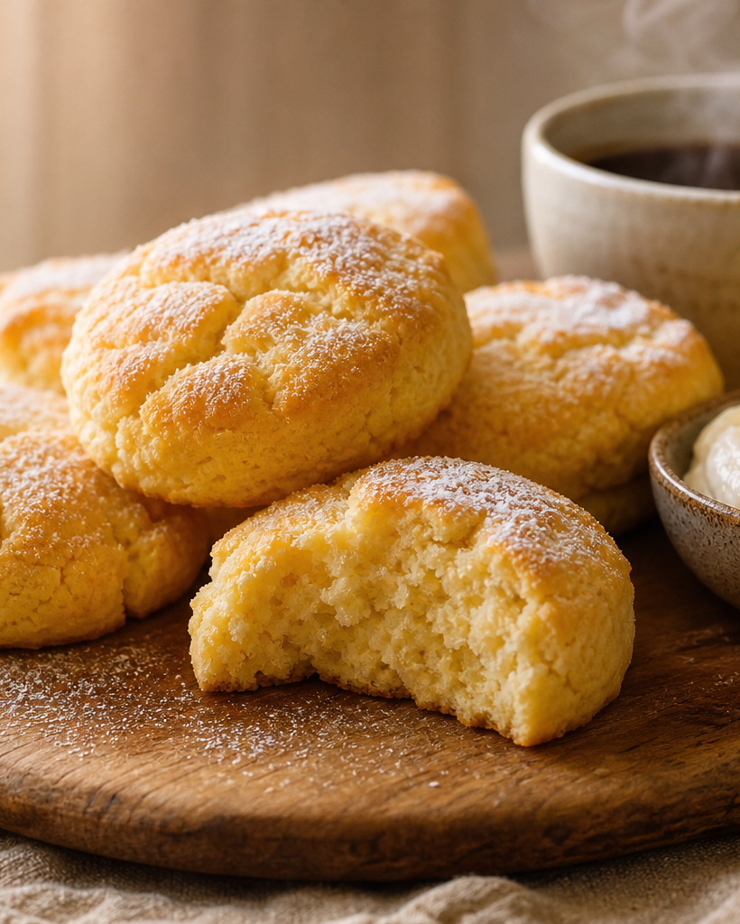 Gros plan de biscuits keto au fromage frais, moelleux et dorés, sur une plaque de cuisson avec une tasse de café
