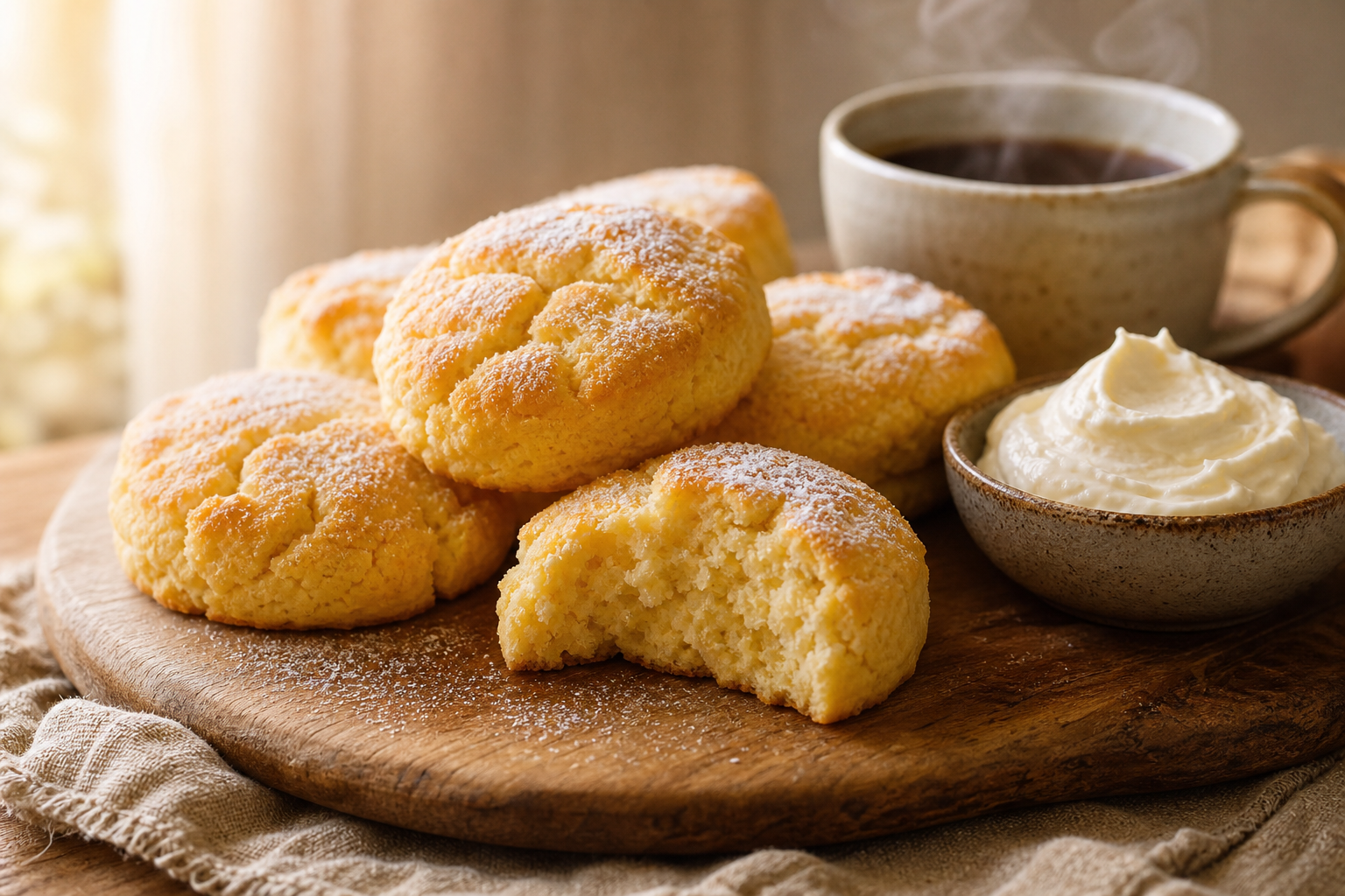 Gros plan de biscuits keto au fromage frais, moelleux et dorés, sur une plaque de cuisson avec une tasse de café