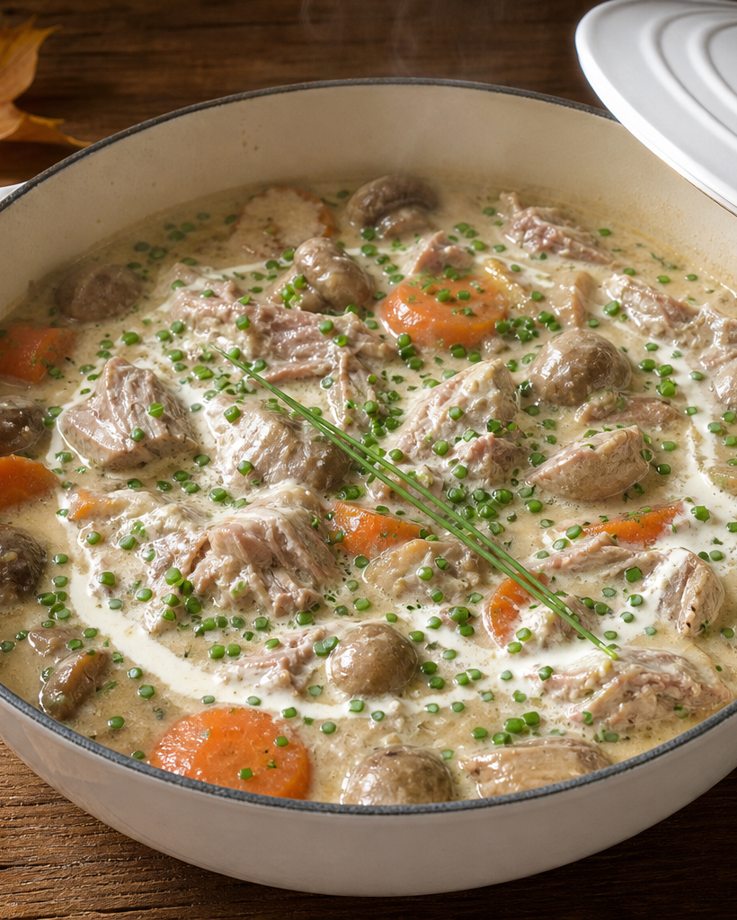 Blanquette de veau céto dans une cocotte blanche, sauce crémeuse, champignons et ciboulette, sur table en bois