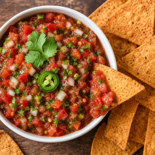 Bol de sauce salsa maison aux tomates et coriandre, accompagné de nachos keto sur une planche en bois.