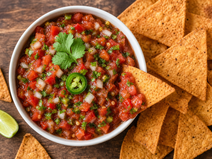 Bol de sauce salsa maison aux tomates et coriandre, accompagné de nachos keto sur une planche en bois.