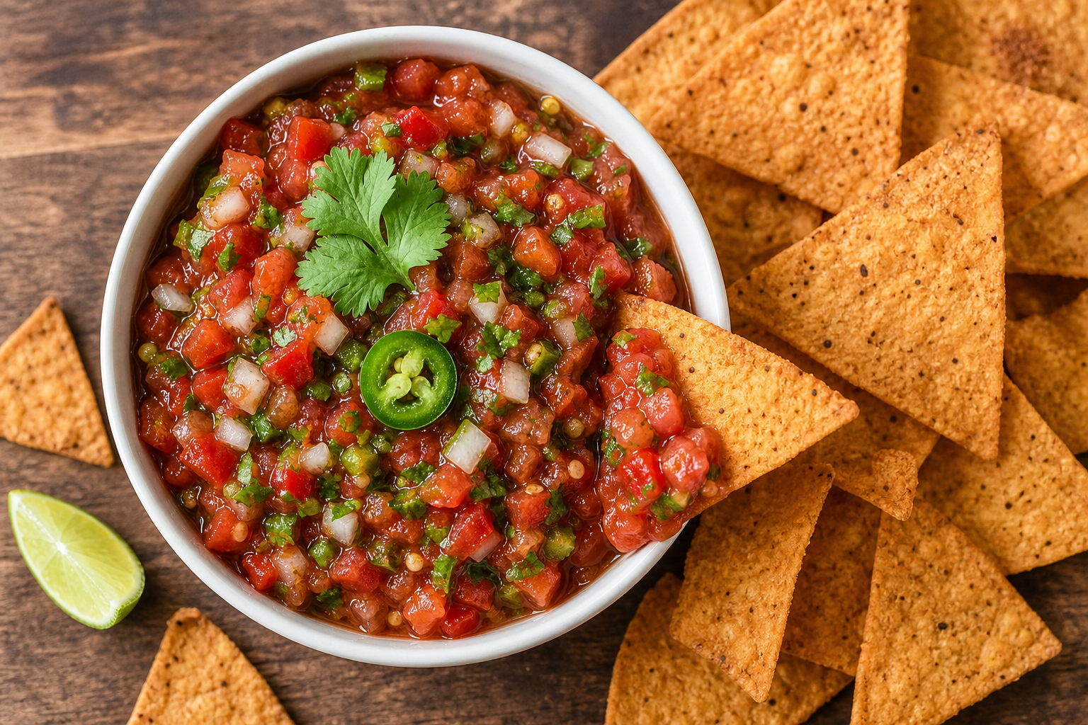Bol de sauce salsa maison aux tomates et coriandre, accompagné de nachos keto sur une planche en bois.