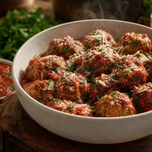 Boulettes de viande keto juteuses nappées de sauce marinara, persil et parmesan, dans un plat blanc.
