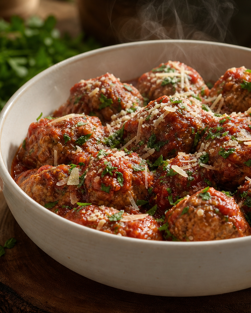 Boulettes de viande keto juteuses nappées de sauce marinara, persil et parmesan, dans un plat blanc.
