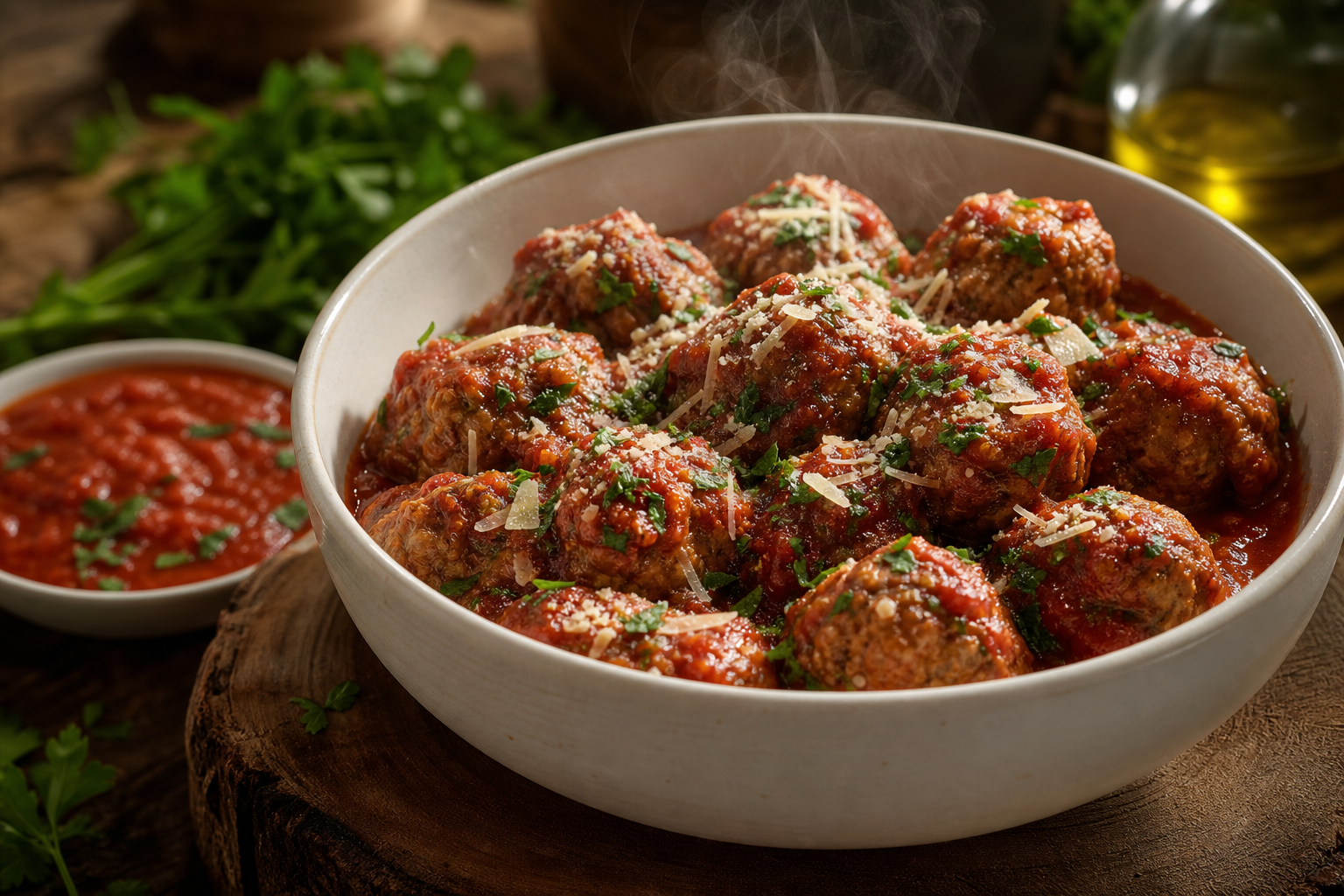 Boulettes de viande keto juteuses nappées de sauce marinara, persil et parmesan, dans un plat blanc.