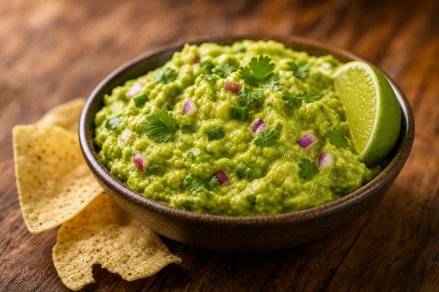 Bol de guacamole crémeux avec des morceaux d'oignon rouge, de jalapeño et de coriandre, posé sur une table en bois.