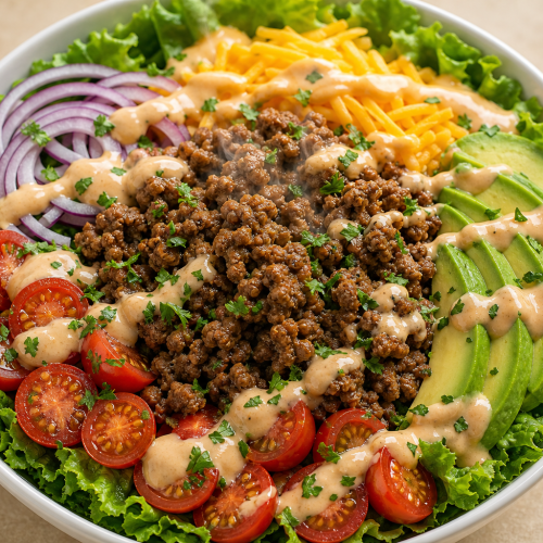 Bol de salade repas cétogène avec bœuf haché, laitue, tomates cerises, oignon rouge, cheddar râpé et tranches d’avocat,