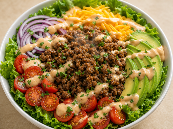 Bol de salade repas cétogène avec bœuf haché, laitue, tomates cerises, oignon rouge, cheddar râpé et tranches d’avocat,