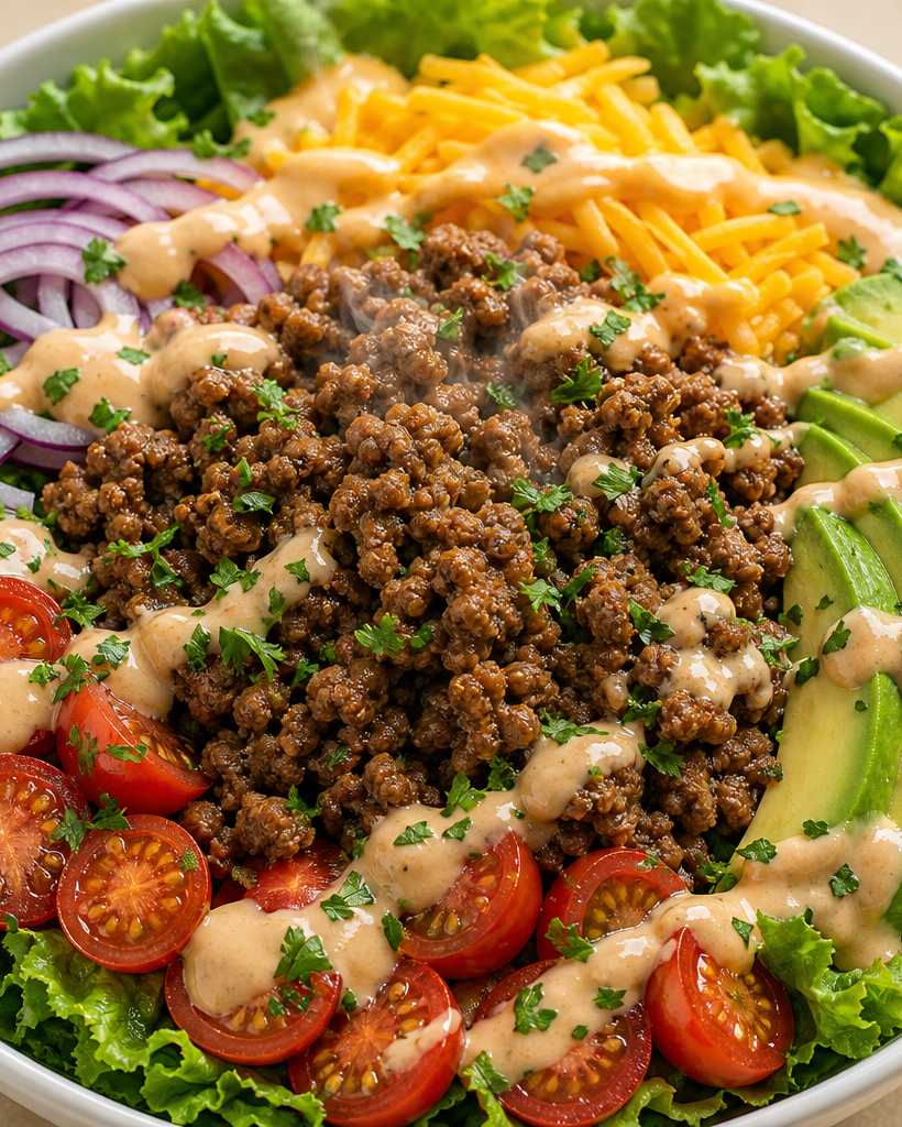 Bol de salade repas cétogène avec bœuf haché, laitue, tomates cerises, oignon rouge, cheddar râpé et tranches d’avocat,