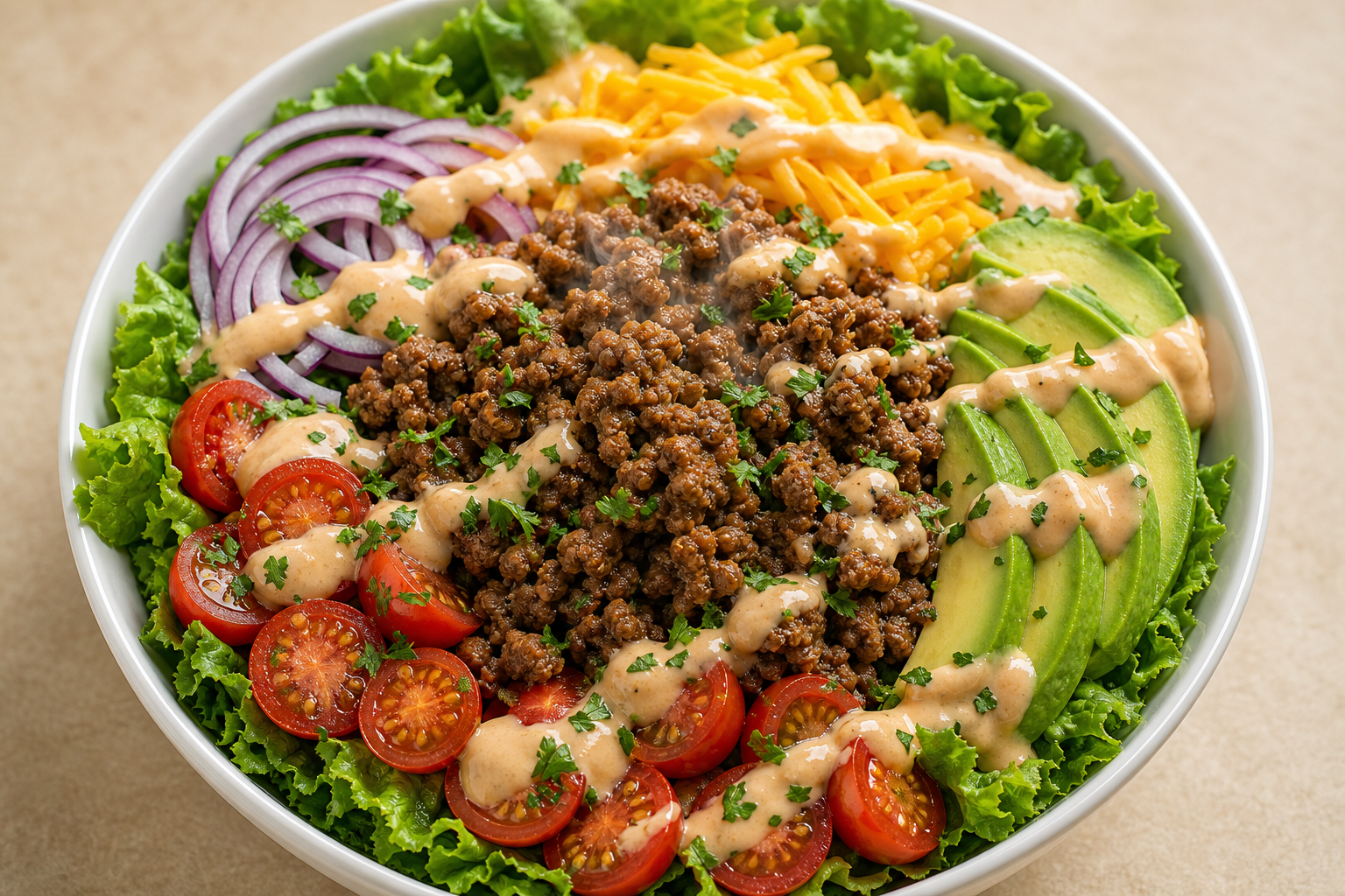 Bol de salade repas cétogène avec bœuf haché, laitue, tomates cerises, oignon rouge, cheddar râpé et tranches d’avocat,