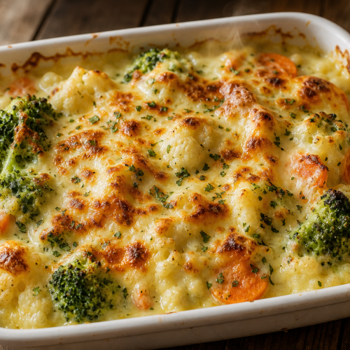 Gratin de brocoli, chou-fleur et carottes avec sauce crémeuse et mozzarella dorée, dans un plat blanc.