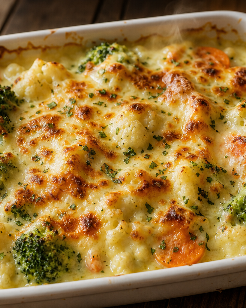 Gratin de brocoli, chou-fleur et carottes avec sauce crémeuse et mozzarella dorée, dans un plat blanc.