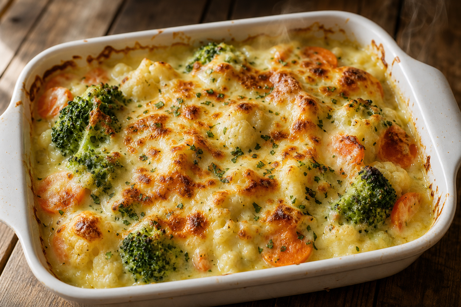 Gratin de brocoli, chou-fleur et carottes avec sauce crémeuse et mozzarella dorée, dans un plat blanc.